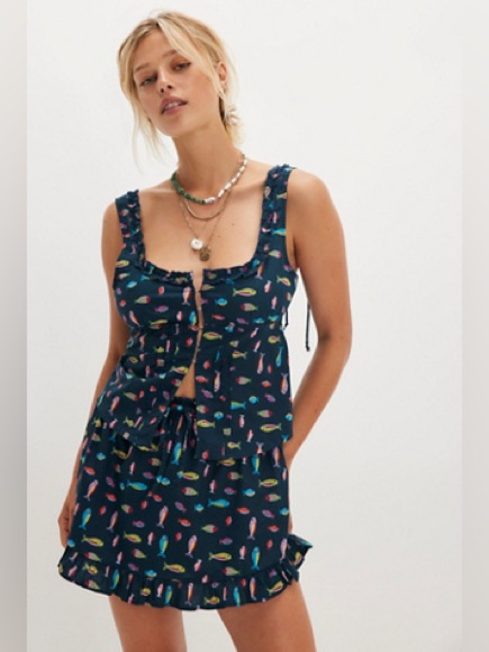 Free People Ellia Fish Printed Skort Set Sz X Small